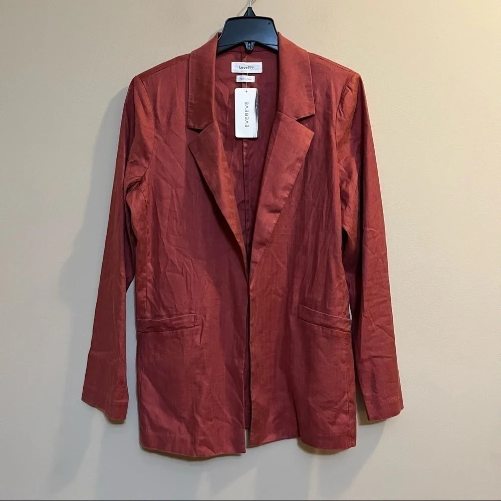 Level 99 Rachel Stretch Linen Tencel Blazer NWT Sz L Rose Pockets Open Front